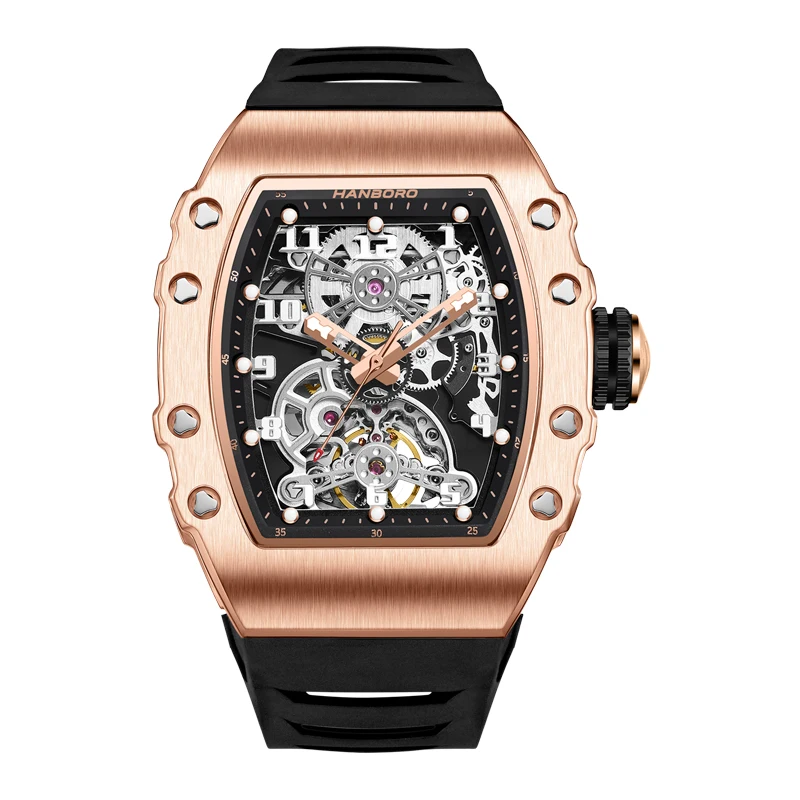 هانبورو ساعة أوتوماتيكية للرجال 50 مللي متر تونيو ساعة يد ميكانيكية مضيئة 50 متر مقاوم للماء سيليكون حزام الهيكل العظمي الهاتفي