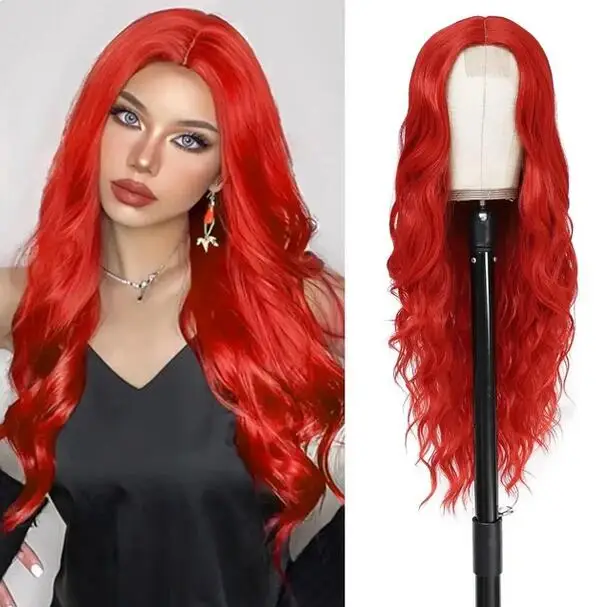 

Long Red Wavy Synthetic Wigs for Women Middle Part Red Wig Natural Curly Wig Heat Resistant Fiber Wigs for Daily Party Use