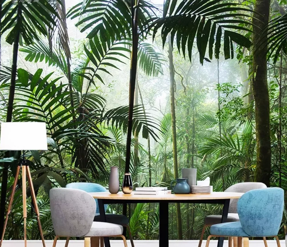French style tropical rainforest TV background wall paper banana leaf plant wallpaper bedroom custom wall painting