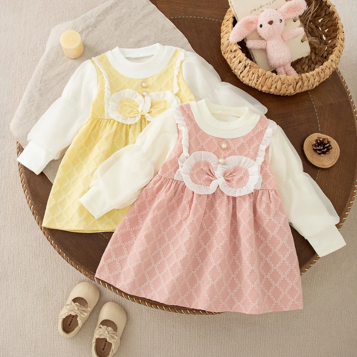 vestido-de-bebe-menina-com-estampa-xadrez-e-laco-roupas-infantis-fofas-de-manga-longa-9-meses-3-anos