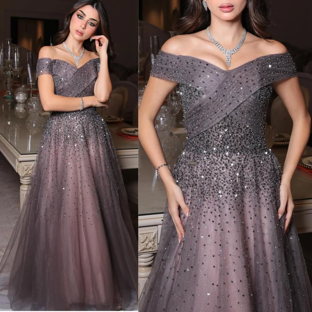 Customized Tulle Draped Pleat Sequined Graduation A-line Off-the-shoulder Bespoke Occasion Gown Long Dresses