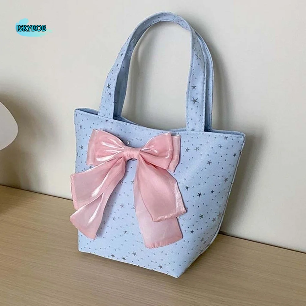 

Versatile Bow Decor Mini Handbag Large Capacity Multi-function Star Printed Small Tote Polyester Magnetic Button