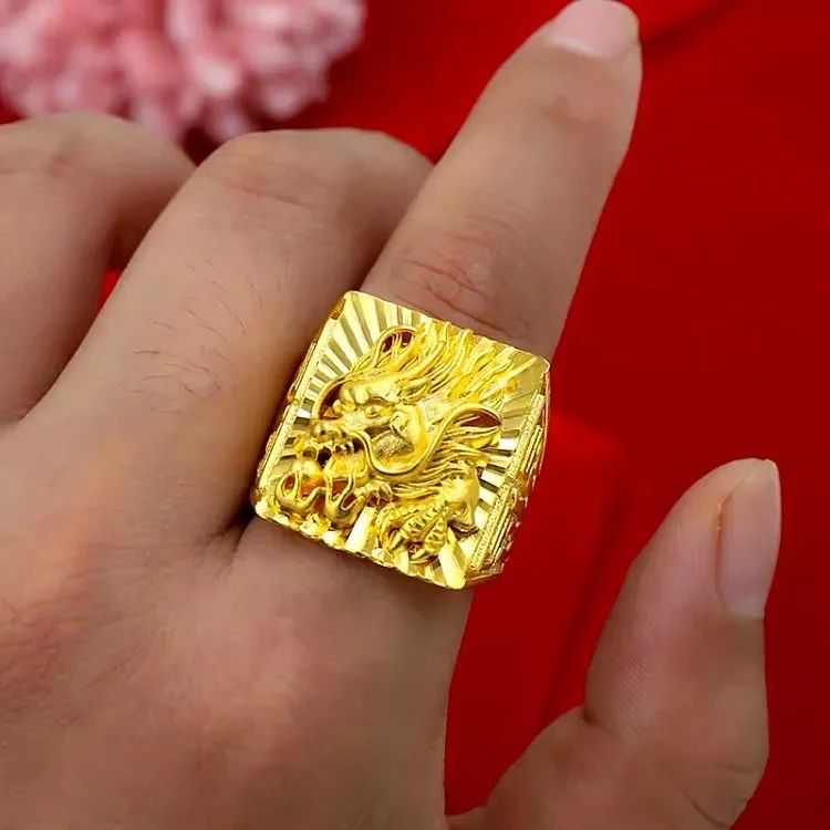 Real Pure K Gold Color Embossed Dragon Ring for Men Bro Accessories Fine Jewelry Gifts Oro Better Thick Rings Gifts