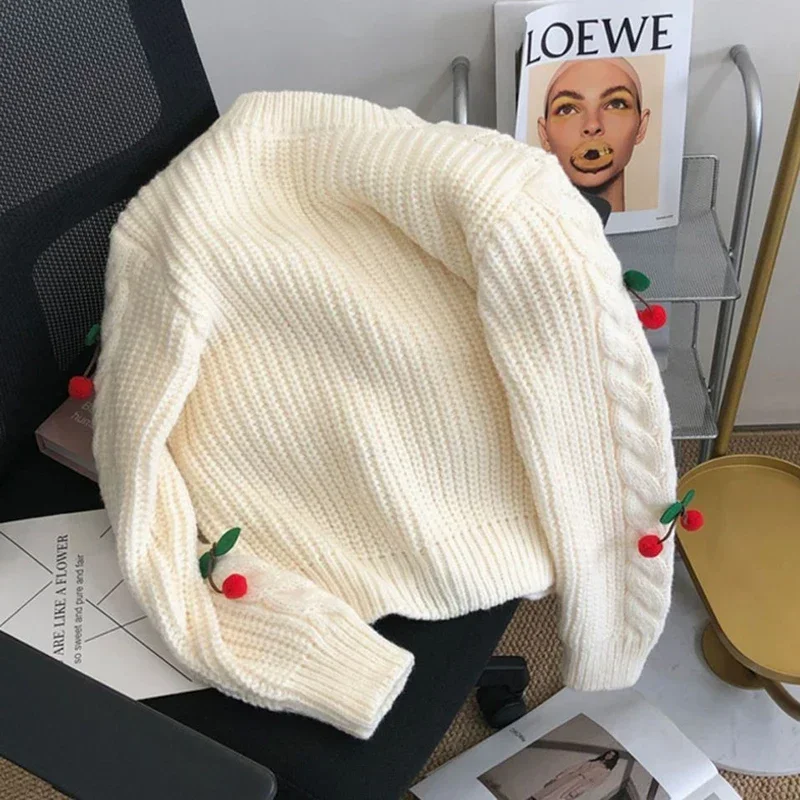 Women Cherry Sweater Cardigan Cute Cherries Pom Pom Cable Knit Button-Up Knit Coat Fall Winter Korean Kawaii Sweet Outfit