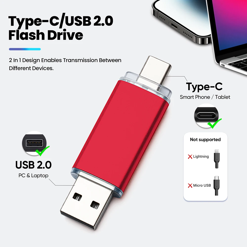High Speed TYPE C 2in1 USB Flash Drive 128GB 64GB 32GB Metal Pen Drive Smart Phone Car TV USB Stick 4GB 8GB 16GB Creative Gift