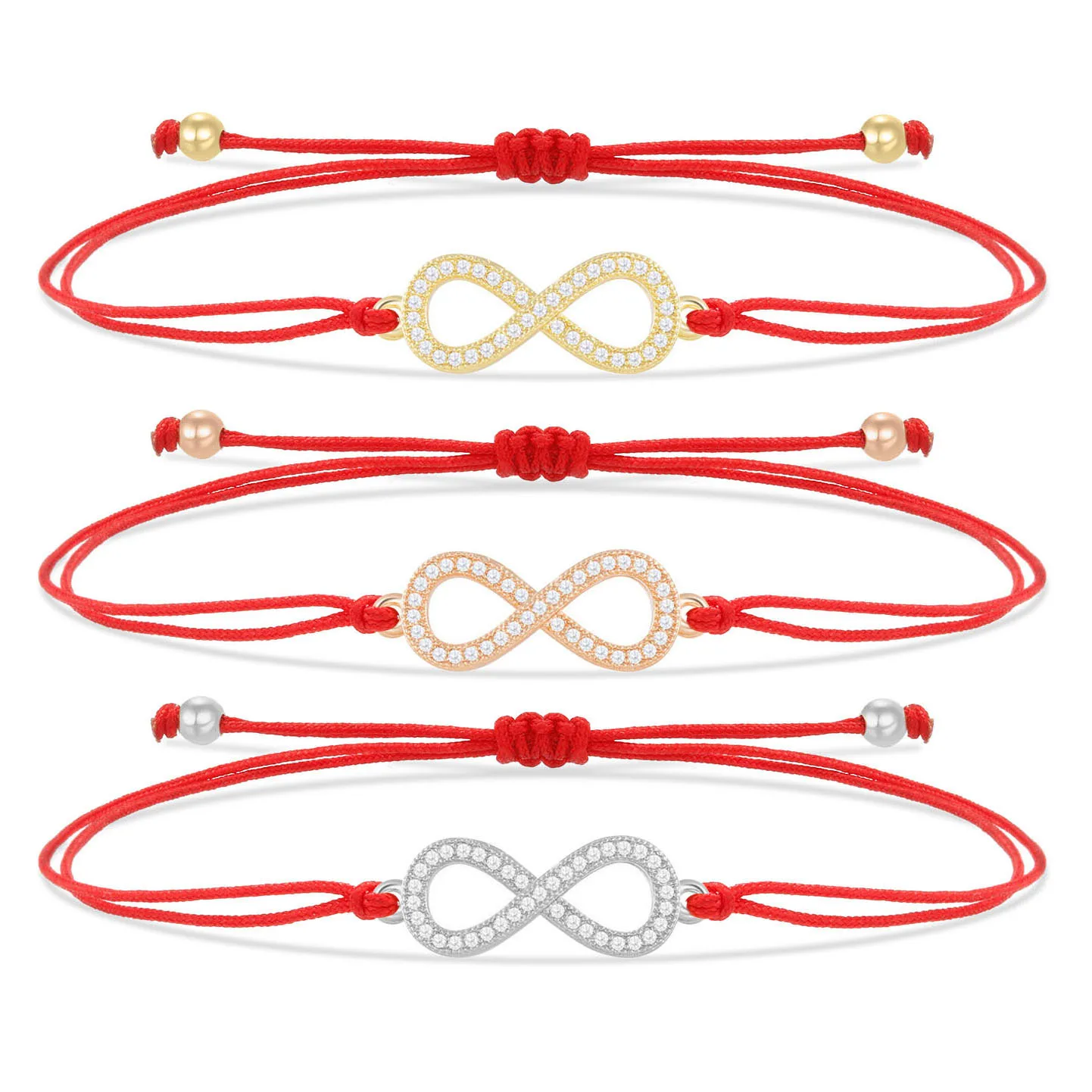 Gold-überzogene Messing Zirkonia Stein Unendlichkeit Liebe Charm Armband Frauen Red Cord String