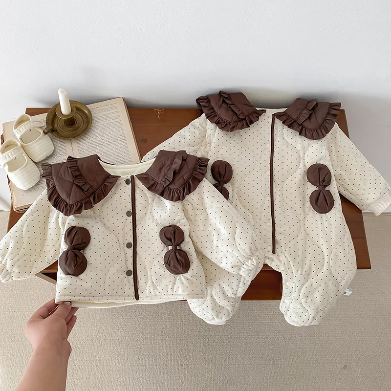 2024 Korean Autumn Winter Infant Girls Outerwear Baby Girl Solid 3D Bow Thickened Worm Romper Toddler Girls Plush Versatile Coat