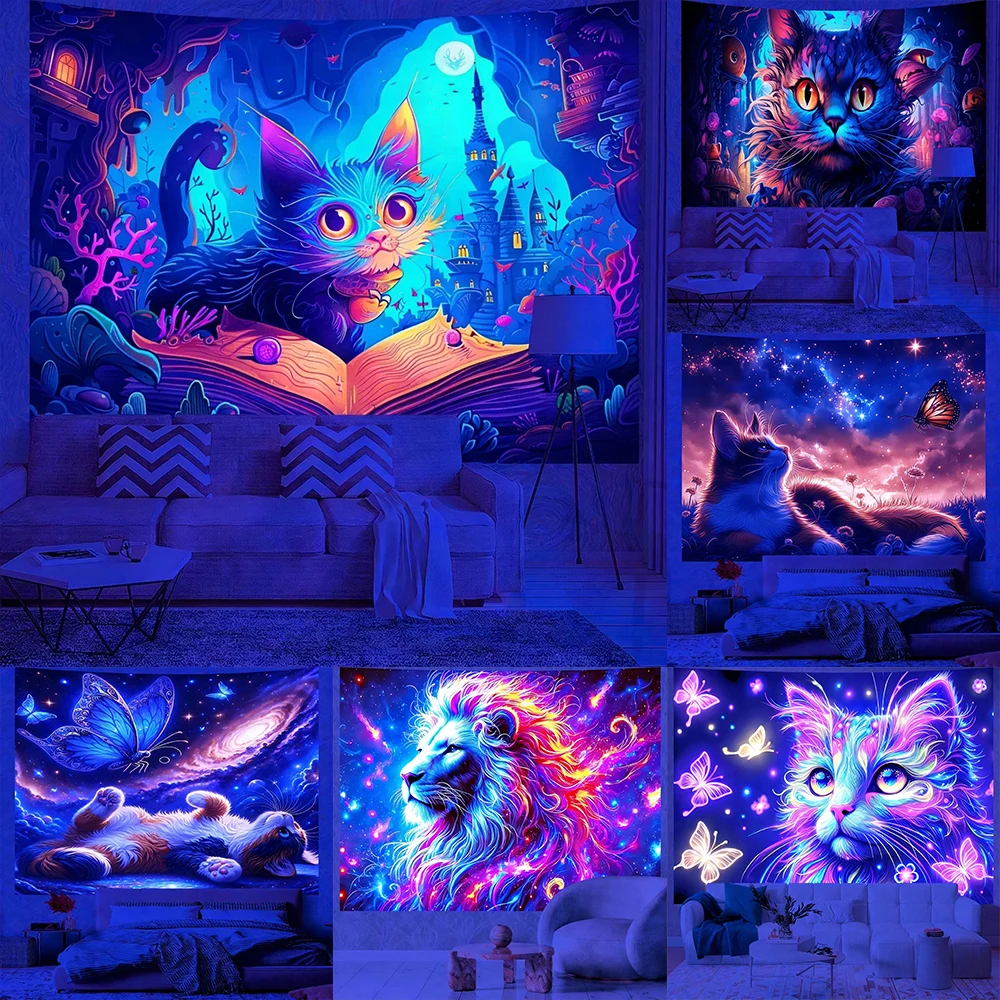 Glowing Cat Themed Tapestries UV reaction tapestry background decoration wall hanging bedroom party decoration