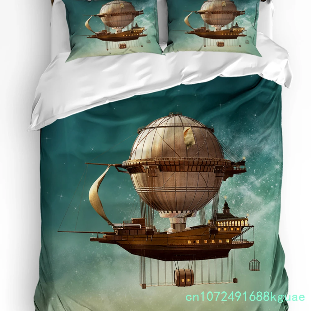 Steam Airship Ship Vintage Starry Sky Bedding Set 3pcs Duvet Cover Pillowcase Kids Adult Quilt Cover Double Bed Set Home Textile