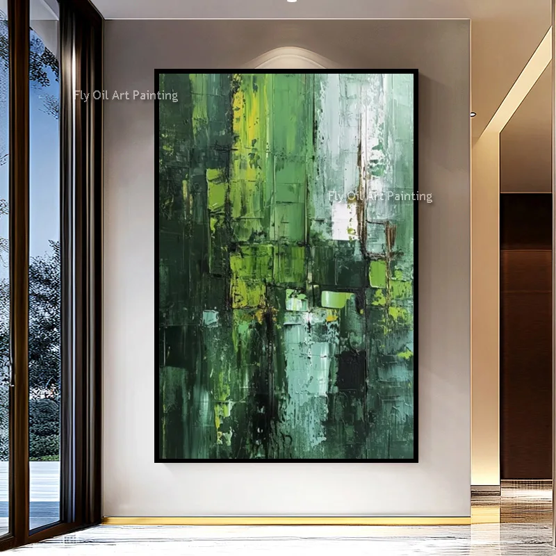 

Abstract Green Canvas Thick Wall Art Special Hand Painted Dark Green White Simple Oil Painting Decor For Living Room As Gifts
