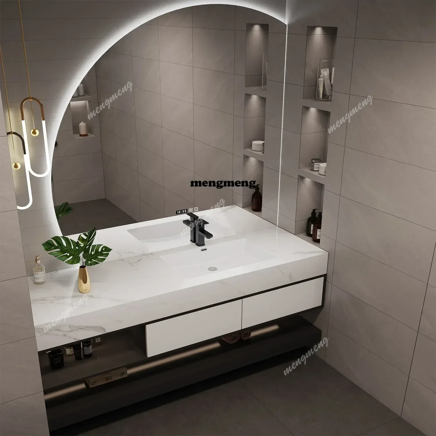 Slate Bathroom Vanity Cabinets With Sink Half Round Mirror Integrated Washbasin Solid Wood Cabinet Bathroom Furniture