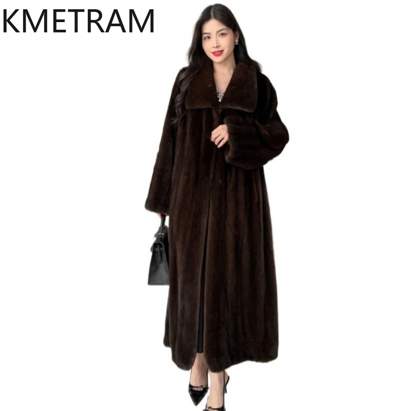 KMETRAM الأرجواني المخملية 100% فرو المنك سترة امرأة فاخرة طويلة معطف فرو المنك الحقيقي 130 سنتيمتر الشتاء النساء الملابس 2026 شبابانية