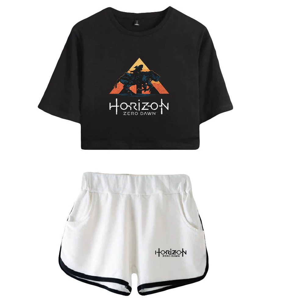 Hot Game Horizon Forbidden West Vintage 90s logo Merch Tops Harajuku Fashion Two Piece Set Shorts+Lovely TShirt Streetwear