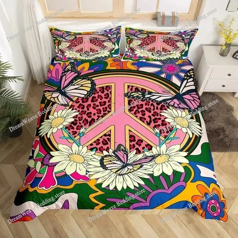Peace Symbol Duvet Cover Set for Kids Boys Girls,Happiness World Bedding Set Queen Size,Green Brown Red Soft Bedroom Decor