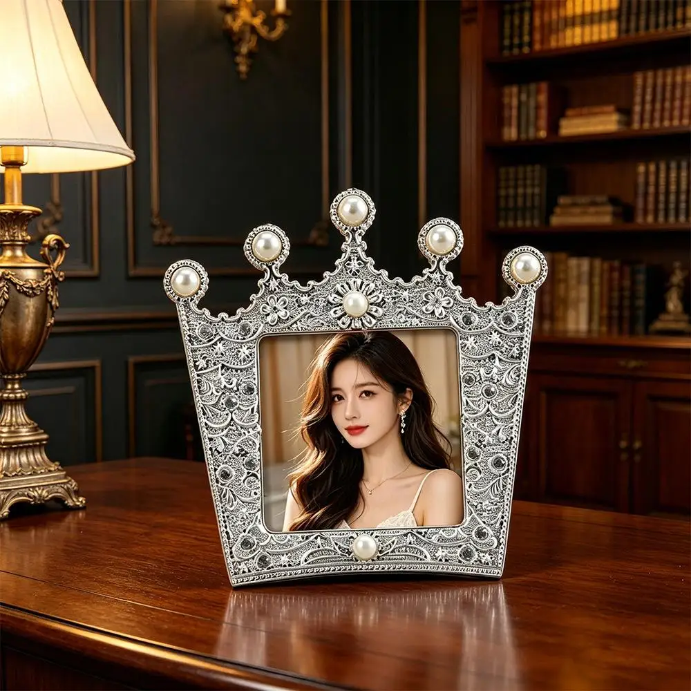 3-inch Square Pearl Rhinestone Crown Photo Frame - Premium Vintage Silver Plastic Display Stand Decoration Frame