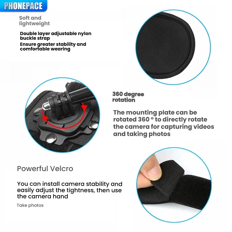 Phonepace 360度回転Goproリストストラップアームストラップマウントリストバンド（Gopro Hero 10 9 8 5 Xiaomi Yi 4K SJ4000対応）