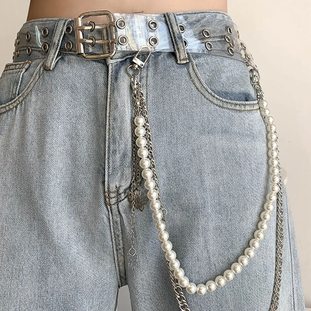 จี้ผีเสื้อสไตล์ฮิปฮอปโซ่โลหะสไตล์วินเทจกางเกงยีนส์สายโซ่หลายชั้นประดับไข่มุกเอว