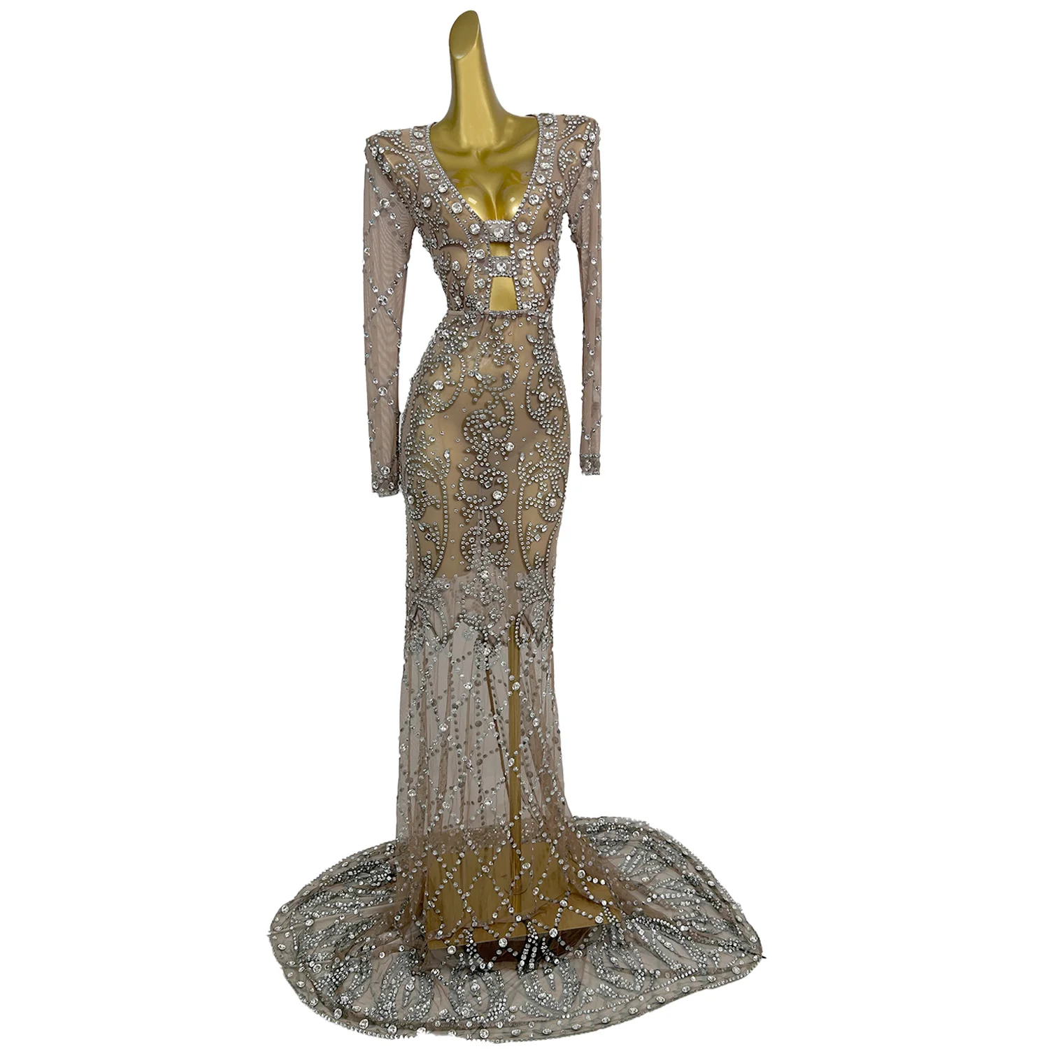 Suofeiya Elegant Women Evening Dress Sexy Perspective Hollow Out Long Dress Wedding Banquet Birthday Dance Party Cocktail Dress