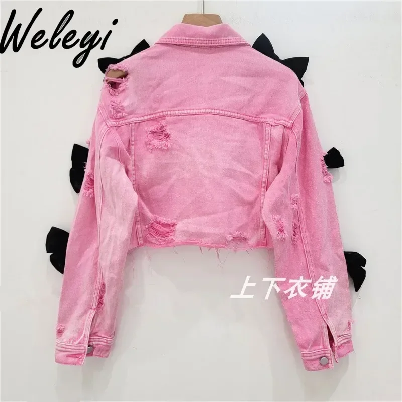 Sweet Girl Pink Ripped Pearl Tassel Butterfly Short Denim Coat Women Autumn Cool Loose Crop Jean Jacket Women Jaqueta Feminina