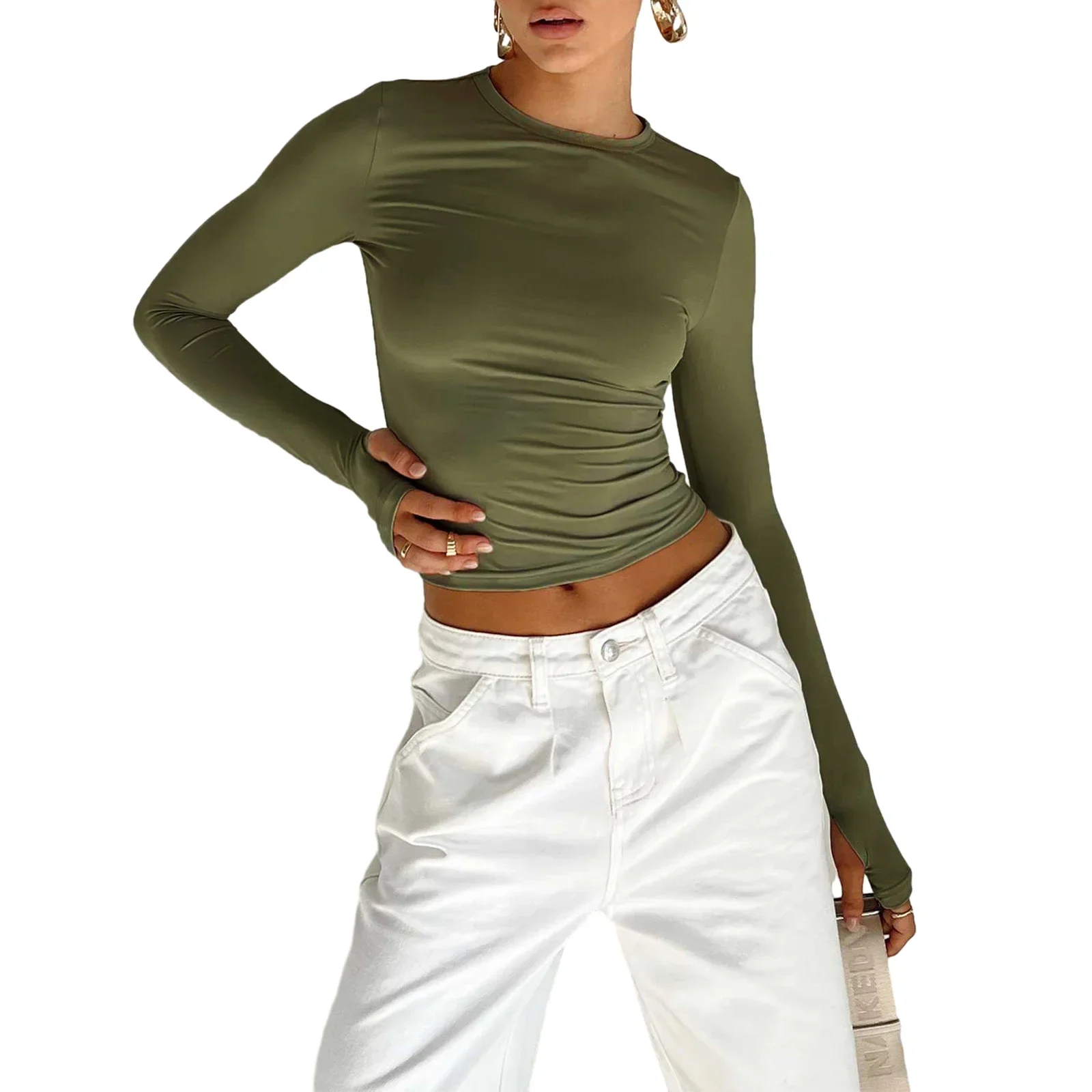 Women Long Sleeve T-shirt Y2K Crop Tops Solid Slim Fit Pullovers Casual Tees Shirts with Thumb Hole Spring Autumn Streetwear - Image 3