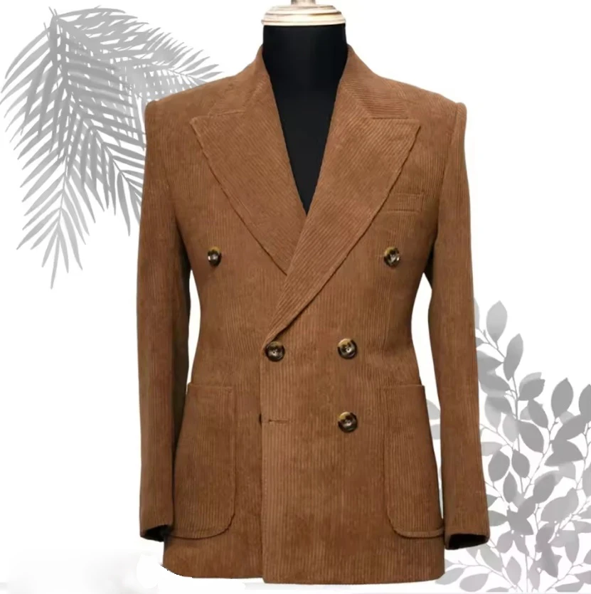 

Only Jacket 1 PCS Autumn Winter Corduroy Men's Business Suit Double Breasted Slim Brown Blazers Man Coat Men's Banquet Dress