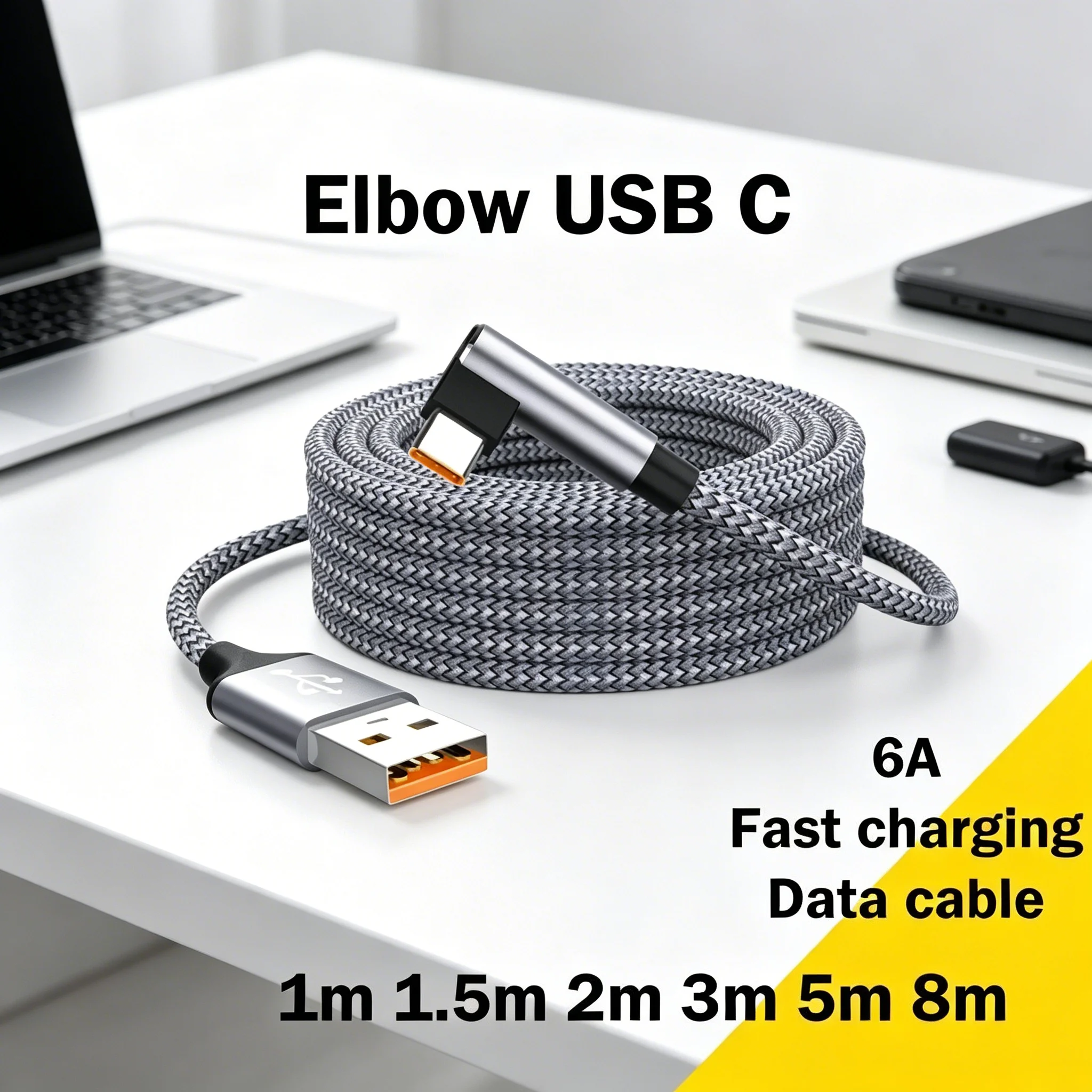 6A L Elbow Type-C Fast Charging Cord, Multi Length 1M/2M/3M/5M/8M Super Long Extension Phone Cable For Samsung Xiaomi OnePlus VR
