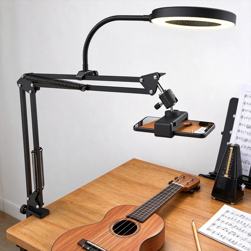 Overhead Camera Mount with Ring Light USB Powered Tricolor Dimmable Foldable Desk Clamp Crafting Drawing Online Teaching
