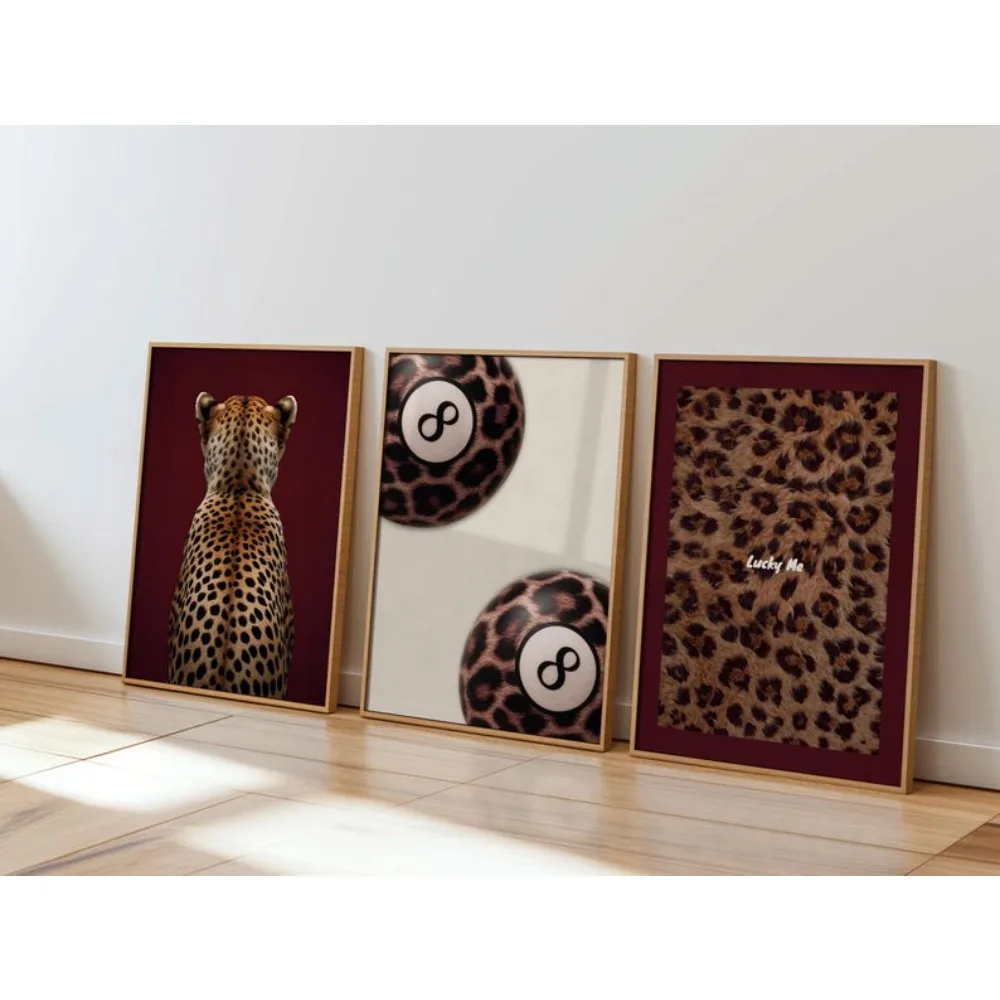 Red Leopard Print Wall Art Set of 3|Cheetah Animal Printables|8 Ball Dorm Decor|Digital Download Modern Boho Home Art Aesthetic