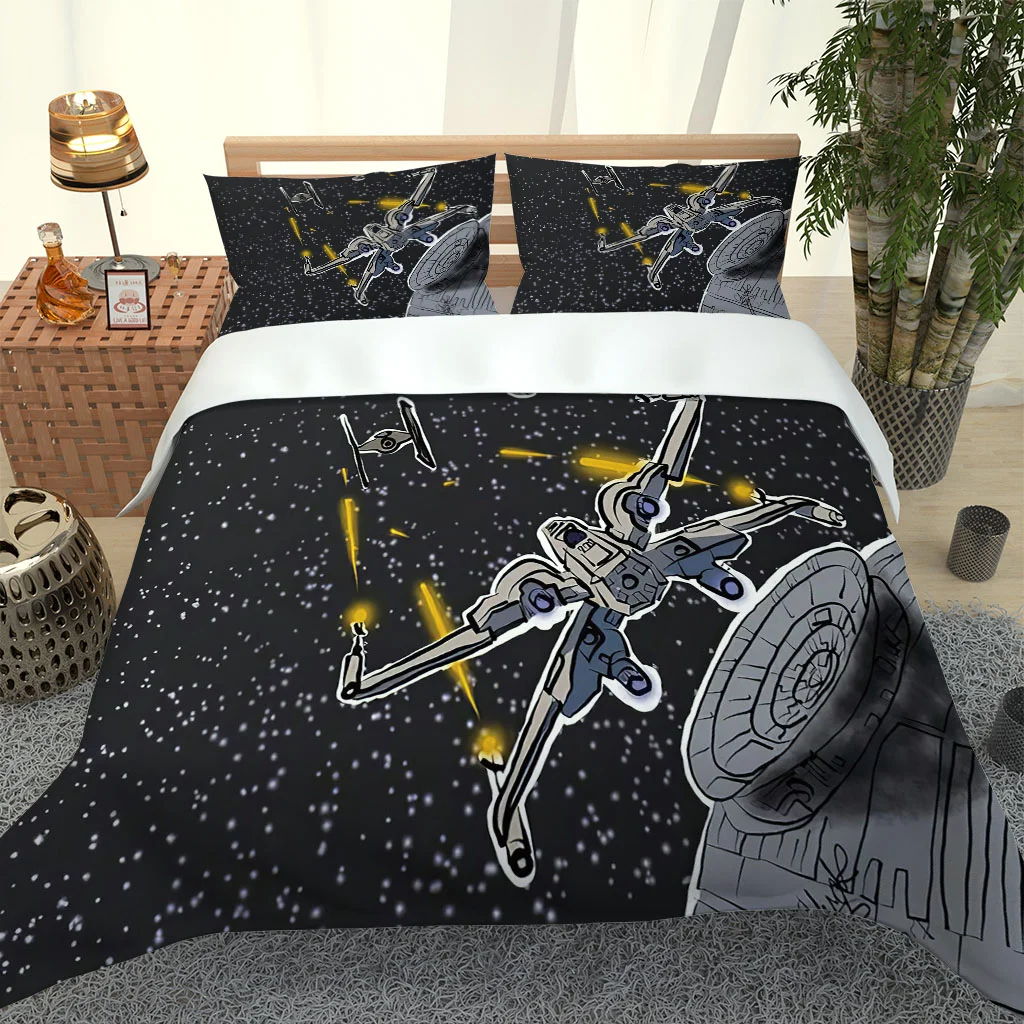 HUANZHUANG Bedding Set Grey Spaceship Duvet Cover Boys Girls Bedroom Gorgeous 3 Pieces Bedding King/Queen With 2 Pillow Shams