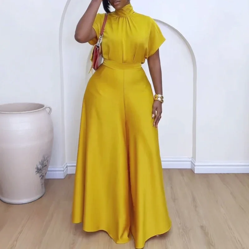 Moda africana 2025 novo em mulheres dois conjuntos de 2 peças roupa de cetim macio rendas até topo e calças de perna larga conjunto combinando
