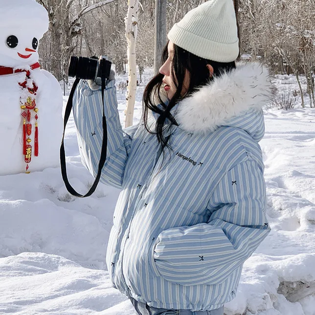 Parkas Women Short Coats Fur Collar Hooded Zipper Jackets Striped Print Bow Thick Y2k Streetwear Jacket Work Autumn Winter