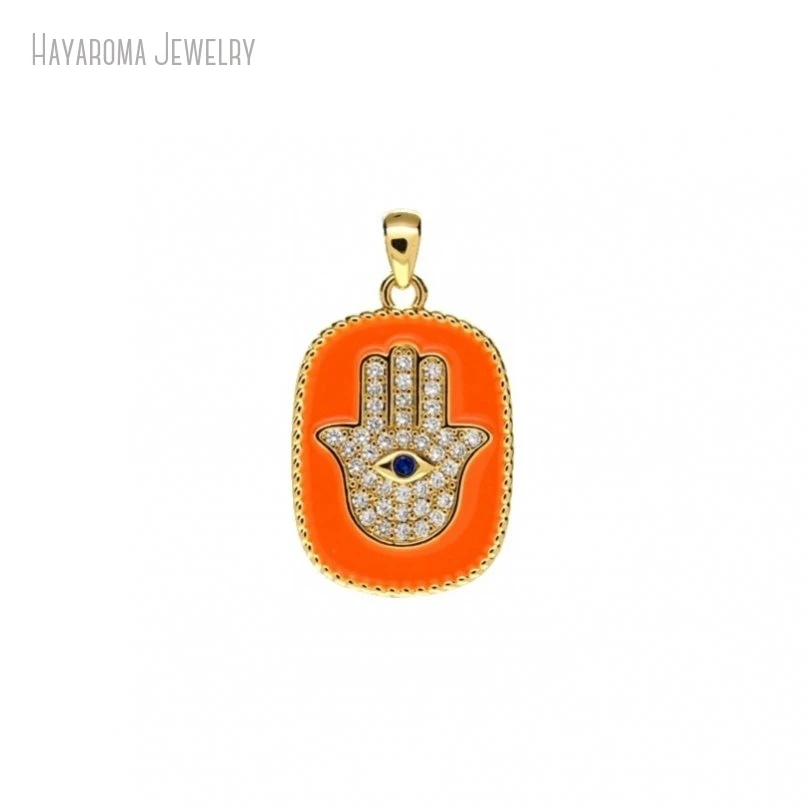 2Pcs Islam Orange Jewelry Enamel Metal Cubic Zirconia Geometric Oblong Religious Evil Turkish Eye Copper Pendant PM47634