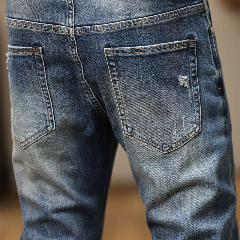 Newly Designer Fashion Men Jeans High Quality Retro Blue Stretch Slim Fit Ripped Jeans Embroidery Patched Vintage Denim Pants