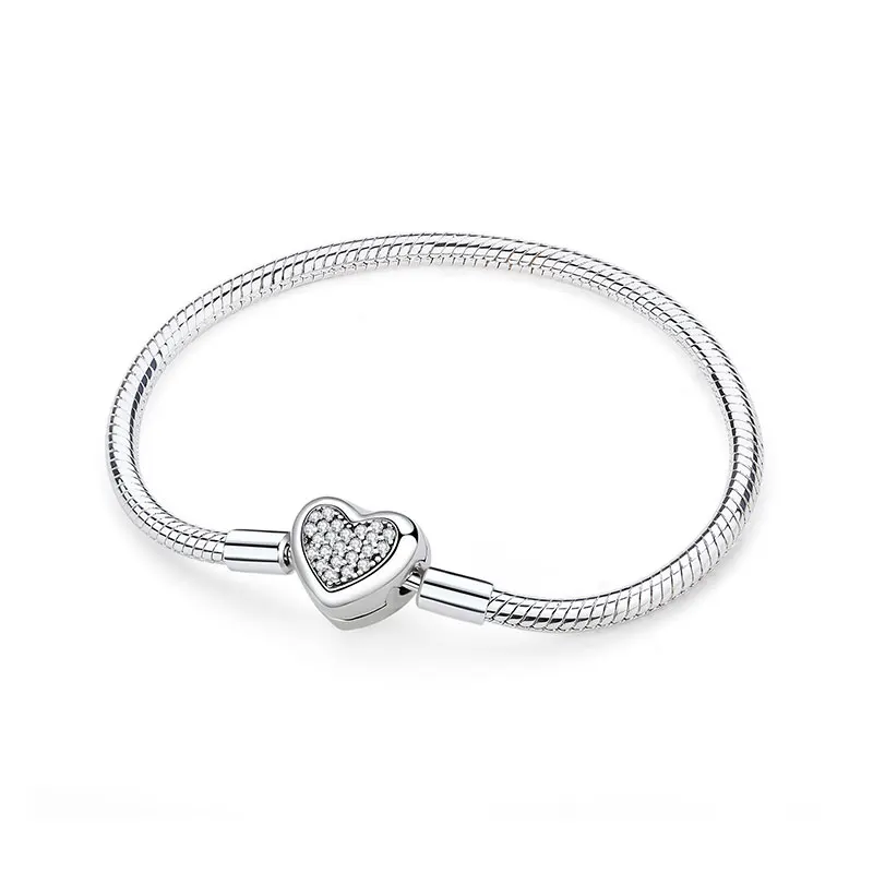 Original 925 Sterling Silber Armbänder Armreifen Liebesherz Clip Charms Perlen Schlangenketten für Frauen Roségold DIY Luxus Schmuck