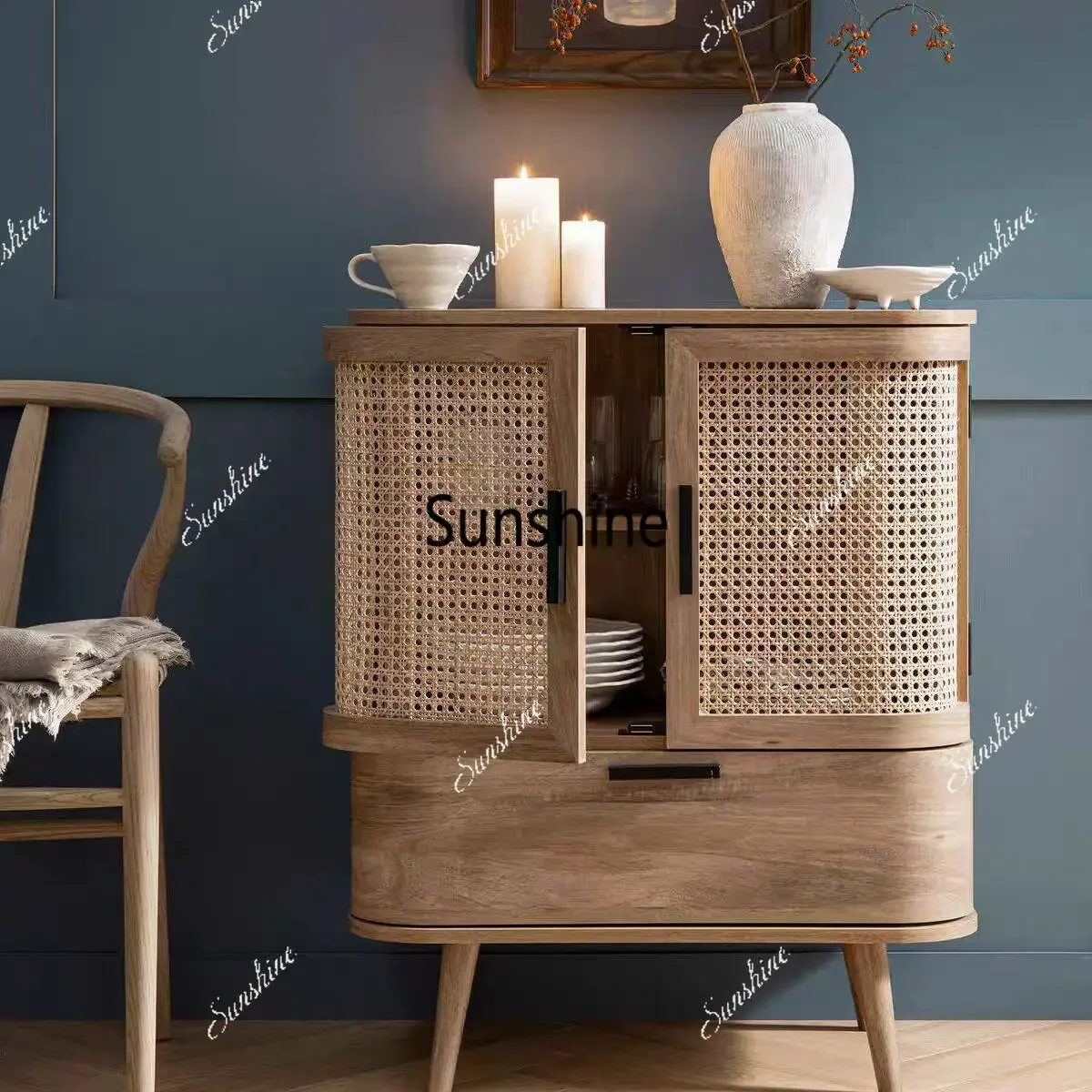 

Vintage distressed solid wood rattan sideboard French medieval style storage decorative cabinetTJ