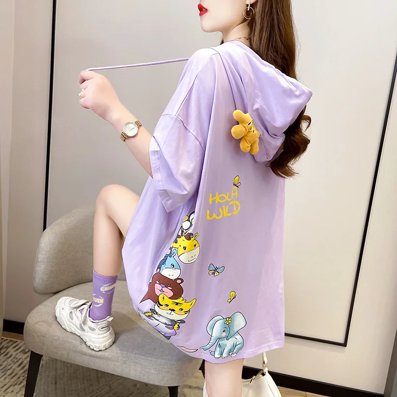 #0603 Black White Purple Hooded T Shirt Women Cotton Cartoon Printed T Shirt Short Sleeves Loose Long Streetwear T-shirt Summer