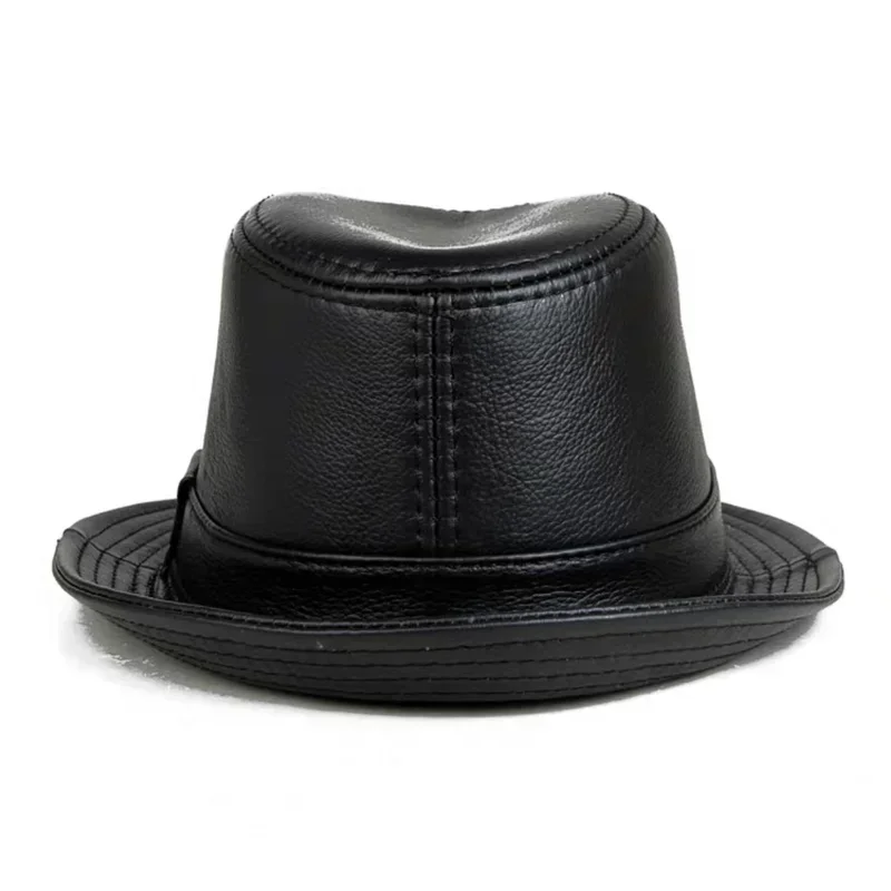 New 2023 Man High Quality Genuine Leather Jazz Fedora Gentleman CowSkin Short Brim Black/Brown Fitted Top Hat Male Shows