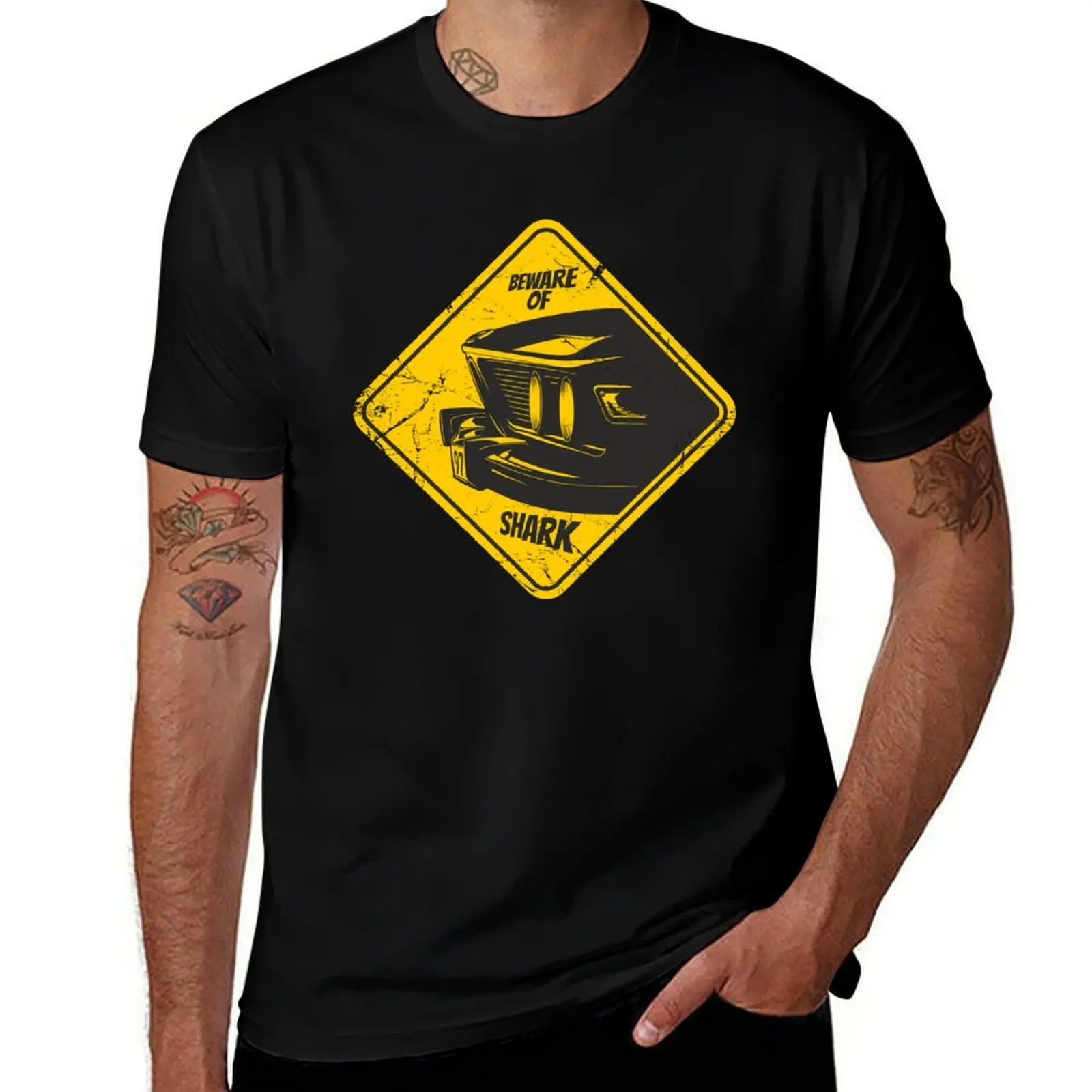 

Beware of shark sign with a car. T-Shirt funny t shirts man t shirt custom print man t shirts for men T-Shirt
