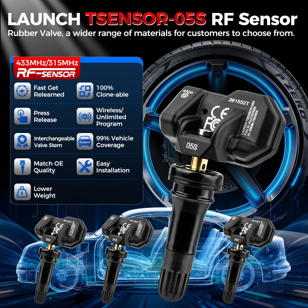 LAUNCH X431 TSENSOR‑05S RF05S 315&433MHz Dual Frequency Programmable TPMS Rubber Valve For Honda For Nissan For Hyundai