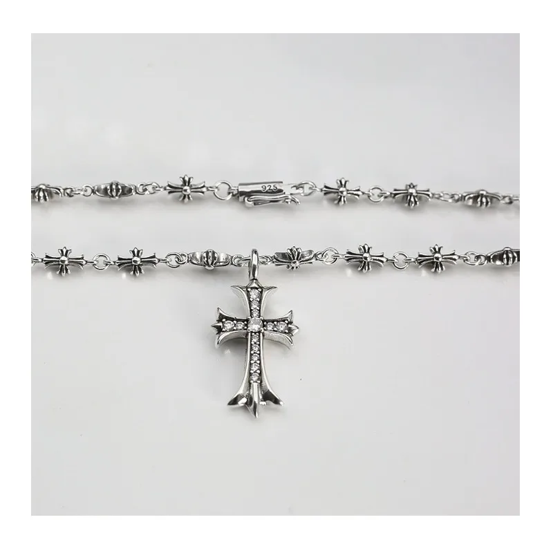 

American Trend Retro Old Thai Silver Cross Diamond Pendant Hip Hop Punk Splicing Necklace Personality Chain