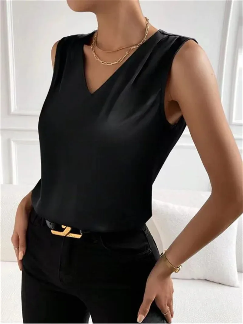 سترة نسائية أنيقة بمزاج على شكل حرف V، سترة صيفية للإجازات، بسيطة بلون سادة، بلوزة بدون أكمام متطابقة تمامًا