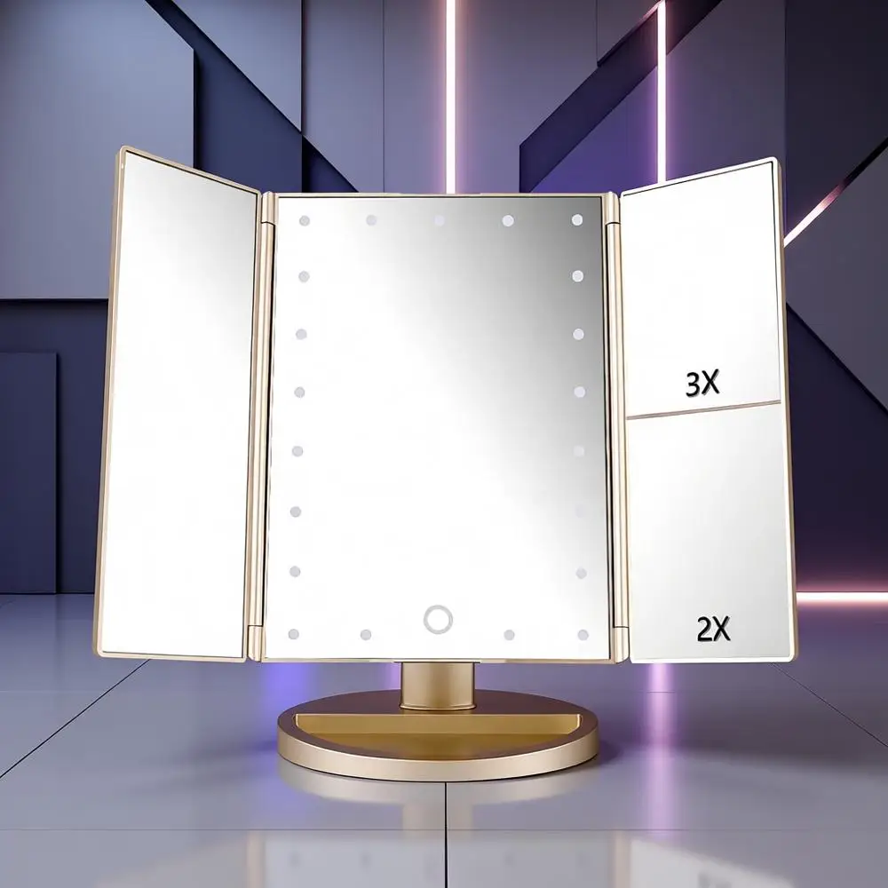 

LED Lighted Tri-Fold Vanity Mirror with Touch Screen, 3X/2X/1X Magnification, Dual Power Modes for Makeup and Travel