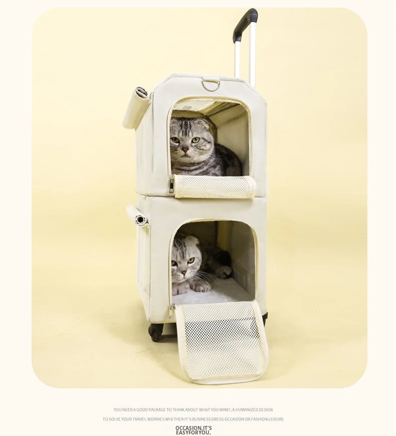 

Large Capacity Double-Decker Pet Trolley Case Spring Summer Breathable Dog Cat Backpack Push-Pull Cat Handbag with Bus Design