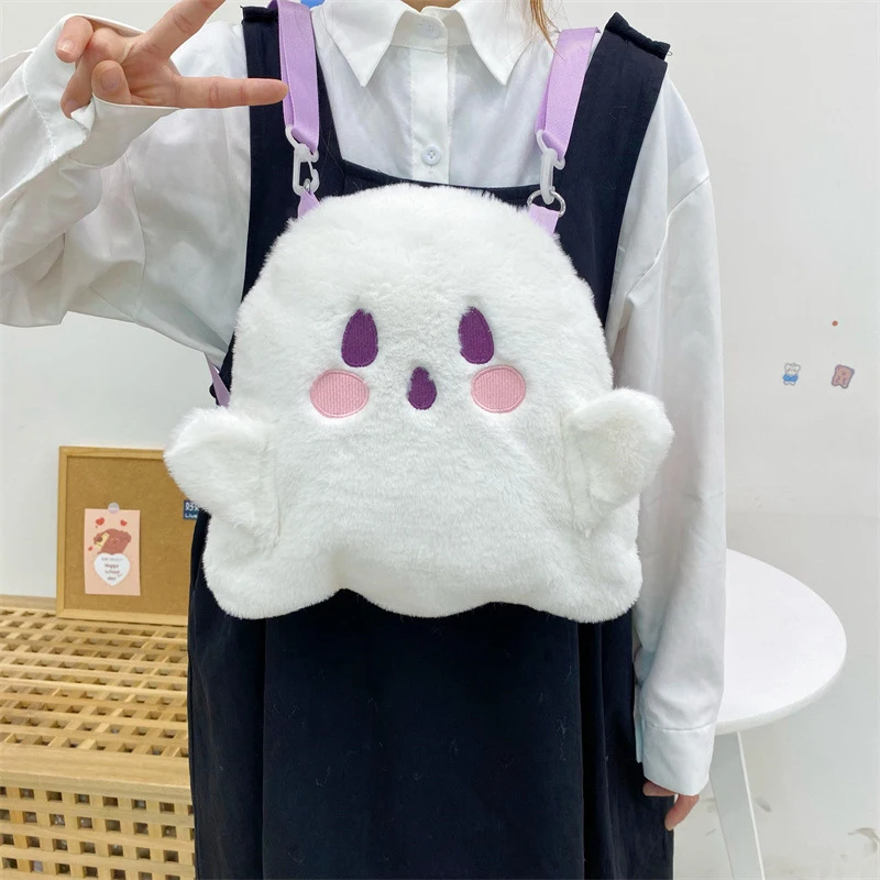 Bolsa de pelúcia fantasma kawaii feminina, bolsa engraçada dos desenhos animados, mochila com tudo, sacolas pequenas de desenhos animados, moda casual, doce e fofo