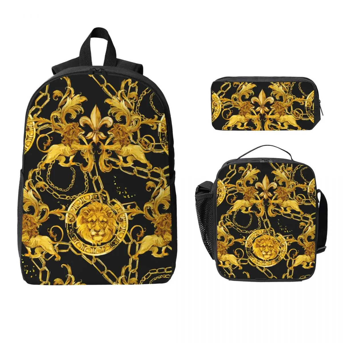 

3Pcs Golden Lion School bags Set for Kids Vintage Gold Pencil Boxes Backpack Sets with Lunch Box For School Students Daypack