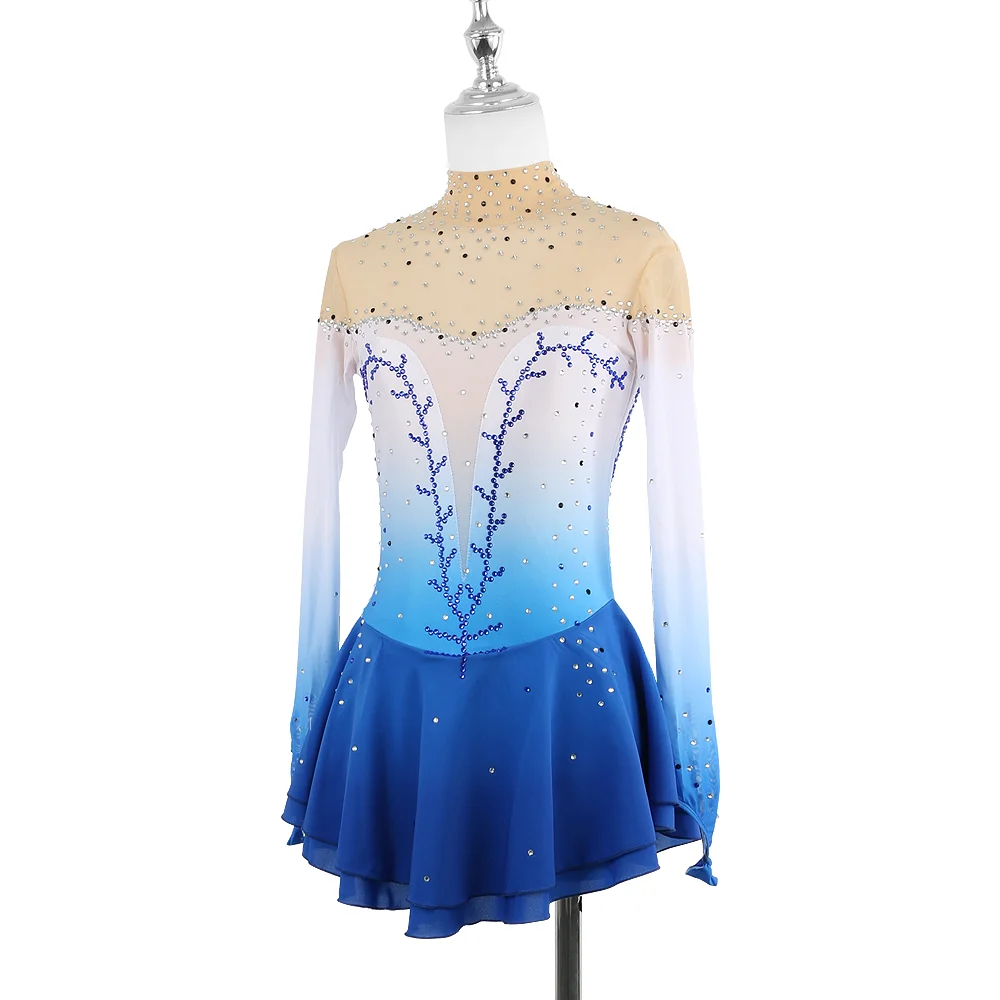 ZAGITOVA Blue Gradient Figure Skating Dress Women Girls Long Sleeve Ice Figure Skating Skirt Rhinestones Competition Mesh Skirt