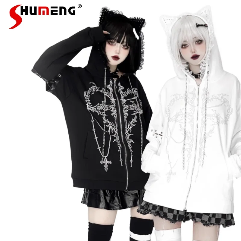 

Japanese Rojita Style White Black Sweatshirt Homemade Subculture Black White Printed Cartoon Ear Zipper Long Sleeves Hooded Coat