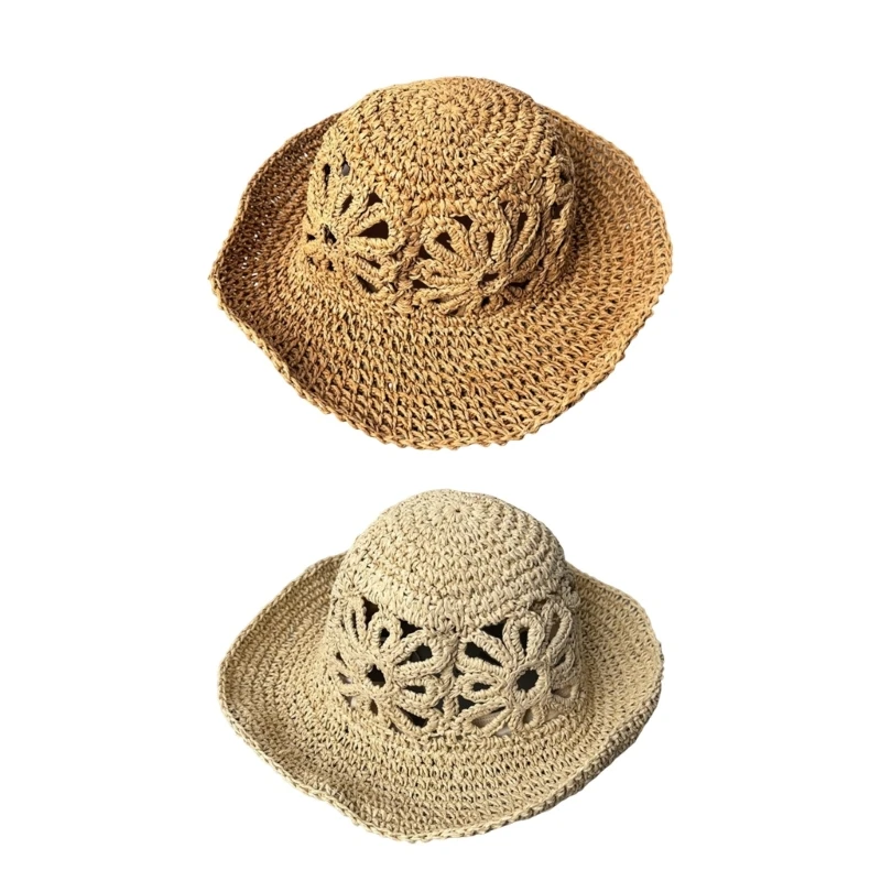 Stroh-Sonnenhut, breiter Rand, durchbrochener Sommerhut für den Urlaub, 56–58 strukturierter Strand-Accessoire-Look, bereit – Detail 1