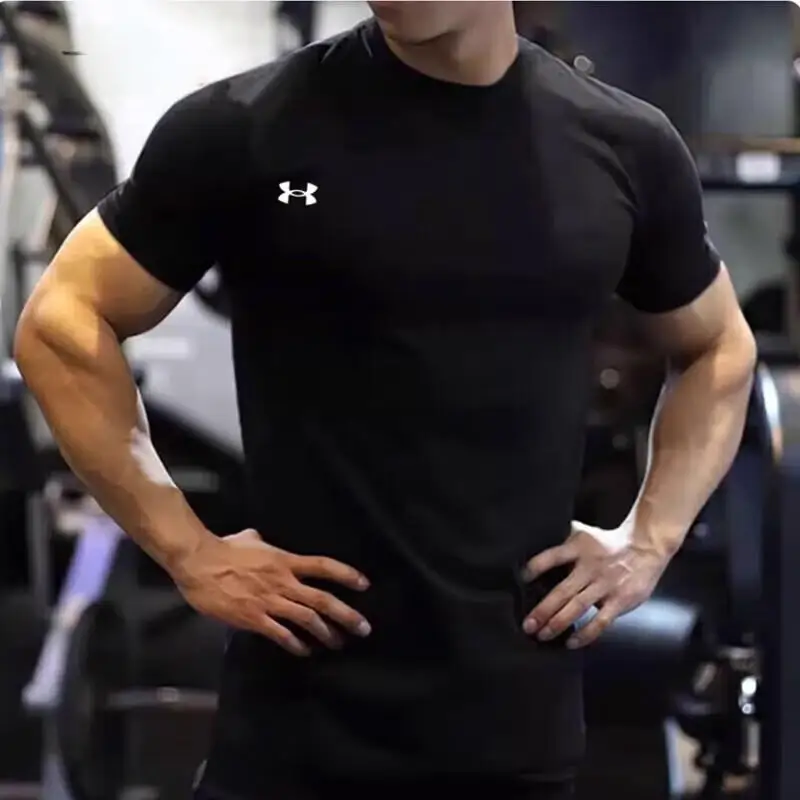 

Under Armour Black Sports Short Sleeve Men's Summer New Running T-Shirt Crew Neck Breathable Casual Training Fitness Top