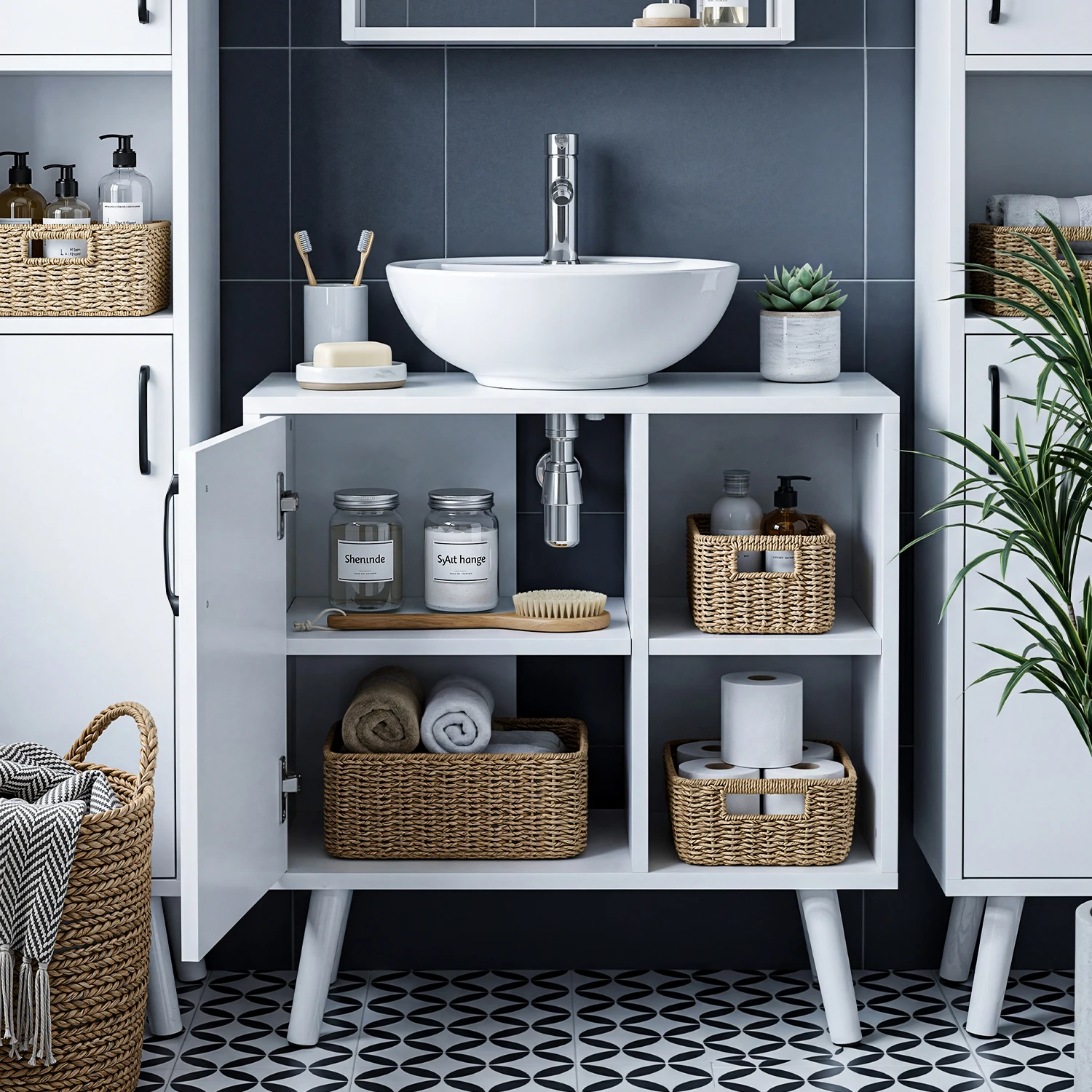 Badezimmer-Waschtischunterschrank, Weiß, Weißer 3-Fächer-Schrank, Freistehender Aufbewahrungsschrank, Möbelstück